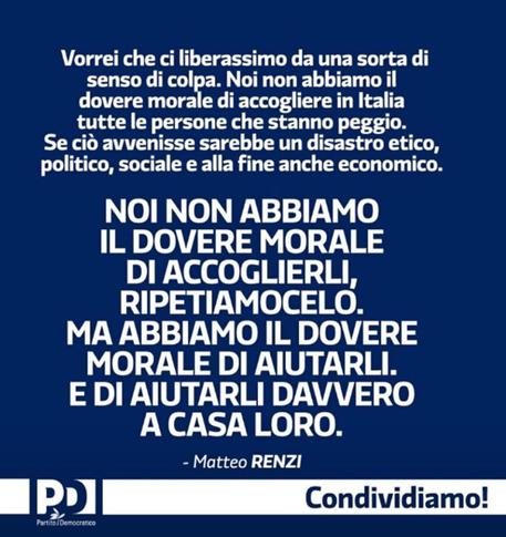 Migranti:Renzi,"Aiutiamoli a casa loro"per me non è retorica