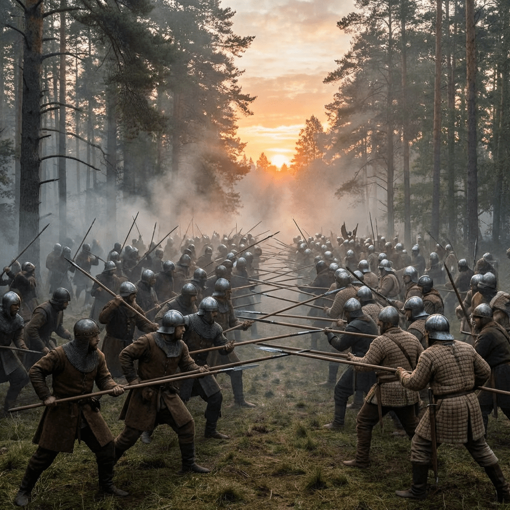 Medieval soldiers with long spears facing each other in a misty forest at dawn.
